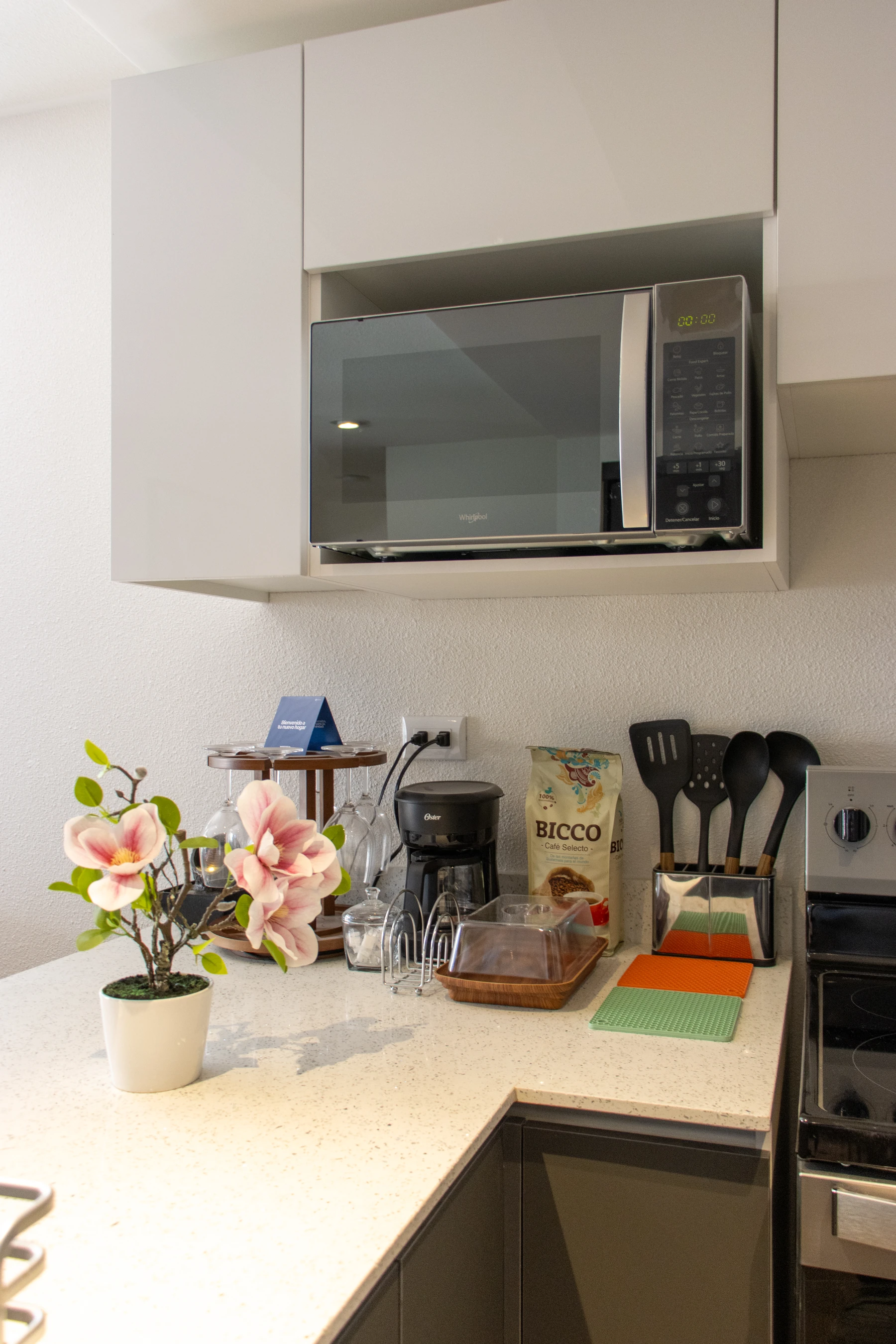Cubierta y gabinetes de cocina.